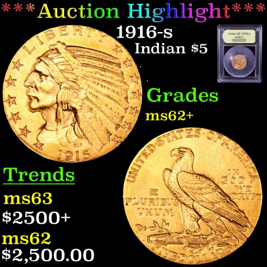 ***Auction Highlight*** 1916-s Gold Indian Half Eagle $5 Graded Select Unc By USCG (fc)