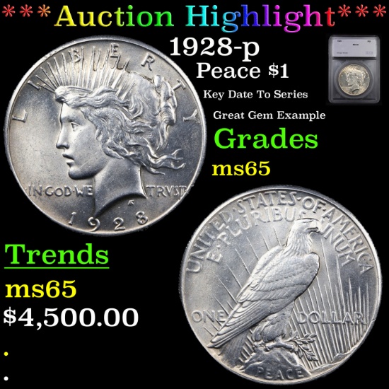 ***Auction Highlight*** 1928-p Peace Dollar $1 Graded ms65 By SEGS (fc)