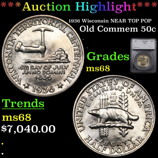 ***Auction Highlight*** 1936 Wisconsin NEAR TOP POP Old Commem Half Dollar 50c Graded ms68 By SEGS (