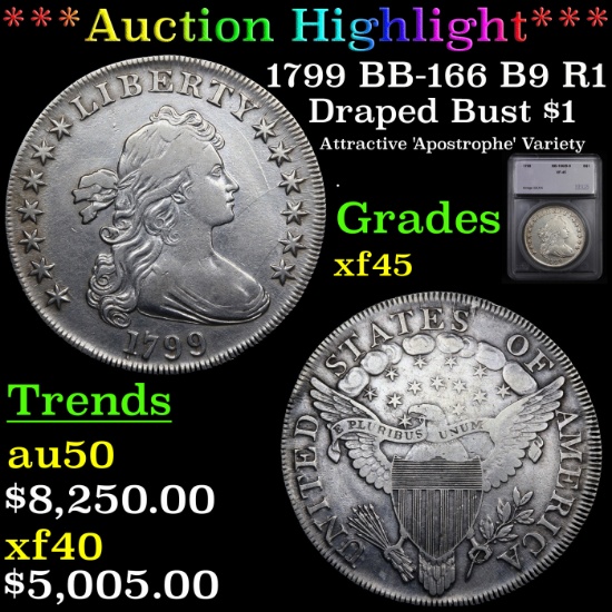 ***Auction Highlight*** 1799 BB-166 B9 R1 Draped Bust Dollar $1 Graded xf45 By SEGS (fc)