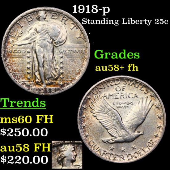 1918-p Standing Liberty Quarter 25c Grades Choice AU/BU Slider+ FH