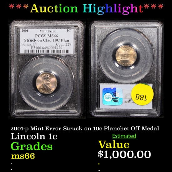 ***Auction Highlight*** PCGS 2001-p Mint Error Struck on 10c Planchet Off Medal Lincoln Cent 1c Grad