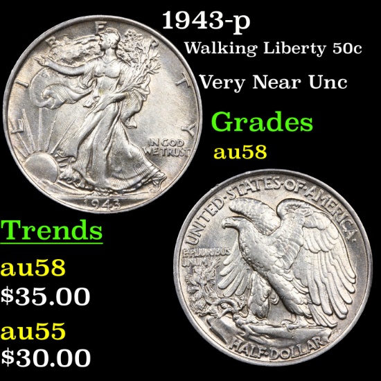 1943-p Walking Liberty Half Dollar 50c Grades Choice AU/BU Slider