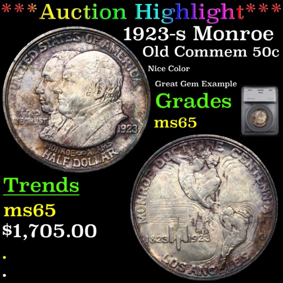 ***Auction Highlight*** 1923-s Monroe Old Commem Half Dollar 50c Graded ms65 By SEGS (fc)