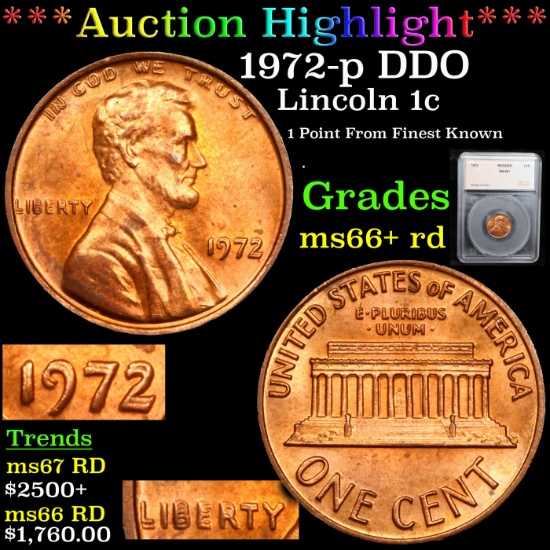 ***Auction Highlight*** 1972-p DDO Lincoln Cent 1c Graded ms66+ rd By SEGS (fc)