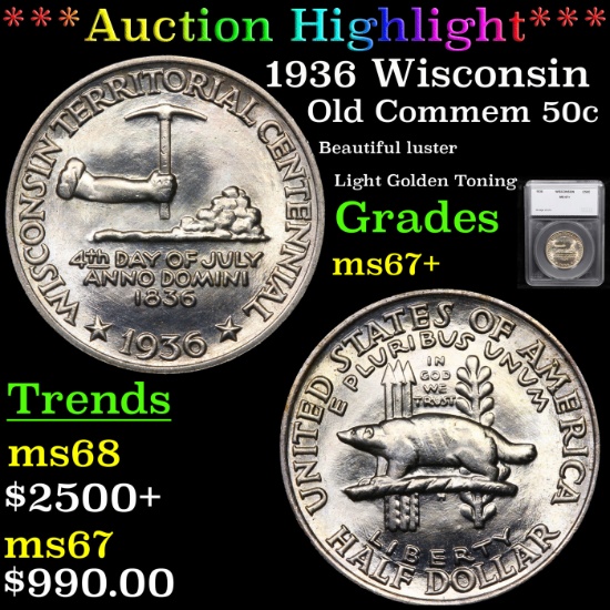 ***Auction Highlight*** 1936 Wisconsin Old Commem Half Dollar 50c Graded ms67+ By SEGS (fc)