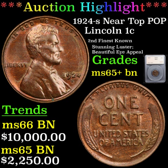 ***Auction Highlight*** 1924-s Near Top POP Lincoln Cent 1c Graded ms65+ bn By SEGS (fc)
