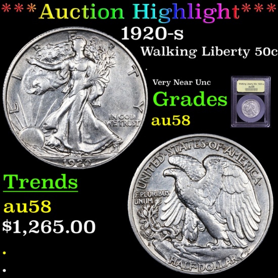 ***Auction Highlight*** 1920-s Walking Liberty Half Dollar 50c Graded Choice AU/BU Slider By USCG (f