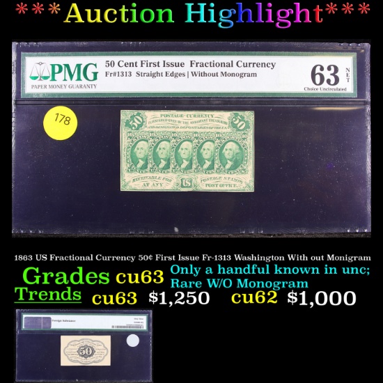 ***Auction Highlight*** 1863 US Fractional Currency 50¢ First Issue Fr-1313 Washington With out Moni