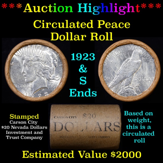 ***Auction Highlight*** Full solid Date Peace silver dollar roll, 20 coin 1923 & 'S' Ends (fc)