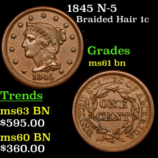 1845 N-5 Braided Hair Large Cent 1c Grades Unc+ BN