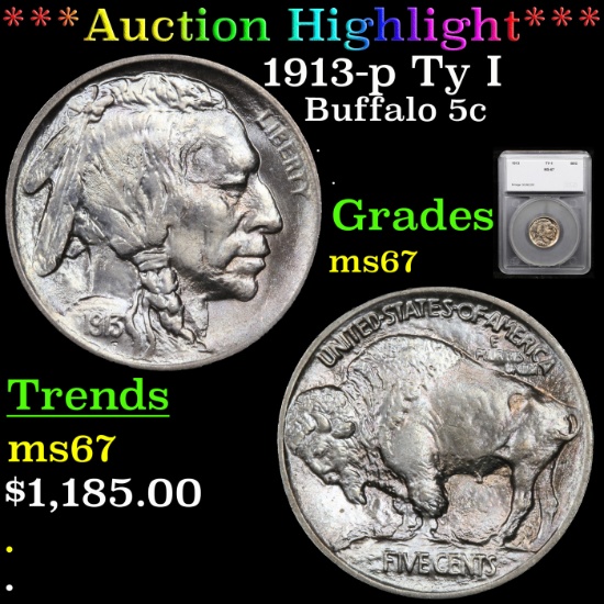 ***Auction Highlight*** 1913-p Ty I Buffalo Nickel 5c Graded ms67 By SEGS (fc)