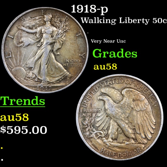 1918-p Walking Liberty Half Dollar 50c Grades Choice AU/BU Slider