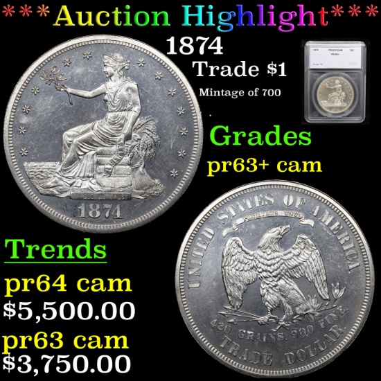 Proof ***Auction Highlight*** 1874 Trade Dollar $1 Graded pr63+ cam By SEGS (fc)