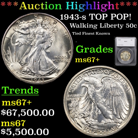***Auction Highlight*** 1943-s TOP POP! Walking Liberty Half Dollar 50c Graded ms67+ By SEGS (fc)