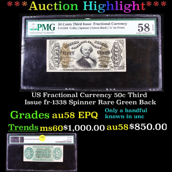 ***Auction Highlight*** US Fractional Currency 50c Third Issue fr-1338 Spinner Rare Green Back Grade