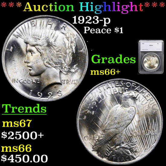 ***Auction Highlight*** 1923-p Peace Dollar $1 Graded ms66+ By SEGS (fc)