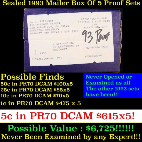 ***Auction Highlight*** Original sealed box 5- 1993 United States Mint Proof Sets (fc)
