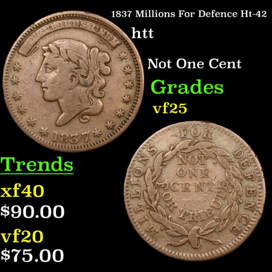 1837 Millions For Defence Ht-42 Hard Times Token 1c Grades vf+