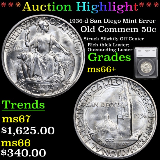 ***Auction Highlight*** 1936-d San Diego Mint Error Old Commem Half Dollar 50c Graded ms66+ By SEGS