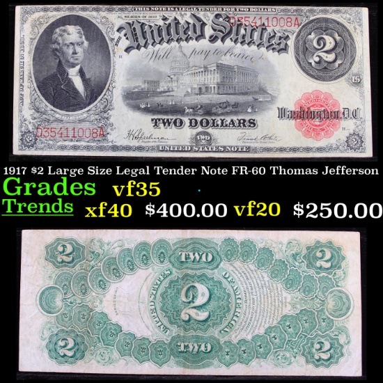 1917 $2 Large Size Legal Tender Note FR-60 Thomas Jefferson Grades vf++