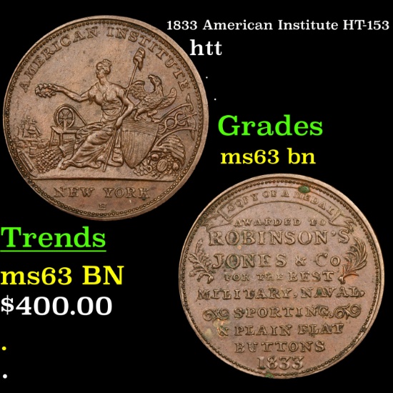 1833 American Institute HT-153 Hard Times Token 1c Grades Select Unc BN