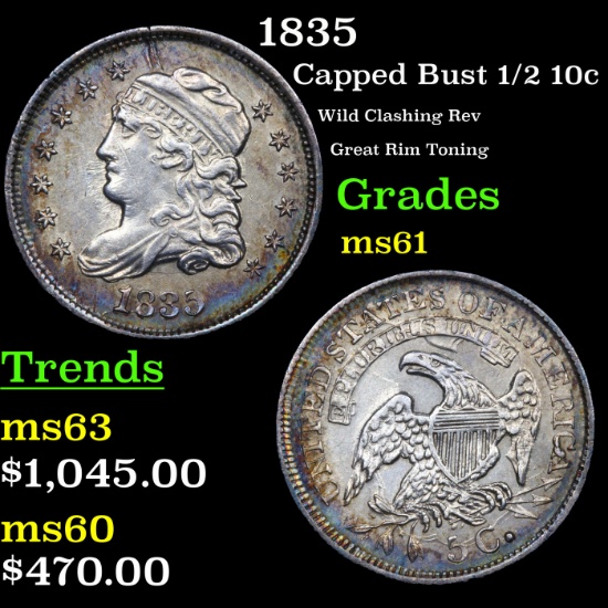 1835 Capped Bust Half Dime 1/2 10c Grades BU+