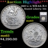 ***Auction Highlight*** 1867-s /s WB-8A R-3 Seated Half Dollar 50c Graded ms63 By SEGS (fc)