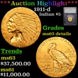 ***Auction Highlight*** 1911-d Gold Indian Half Eagle $5 Graded ms63 details By SEGS (fc)