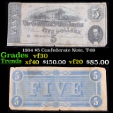 1864 $5 Confederate Note, T-69 Grades vf++