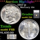 ***Auction Highlight*** 1917-p Mercury Dime 10c Graded ms66 fsb By SEGS (fc)