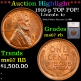 ***Auction Highlight*** 1910-p TOP POP! Lincoln Cent 1c Graded ms67 rb By SEGS (fc)