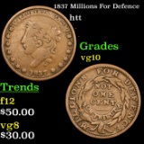 1837 Millions For Defence Hard Times Token 1c Grades vg+