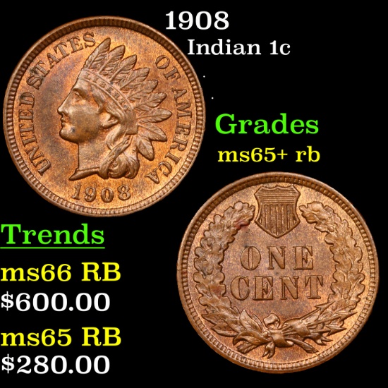 1908 Indian Cent 1c Grades Gem+ Unc RB