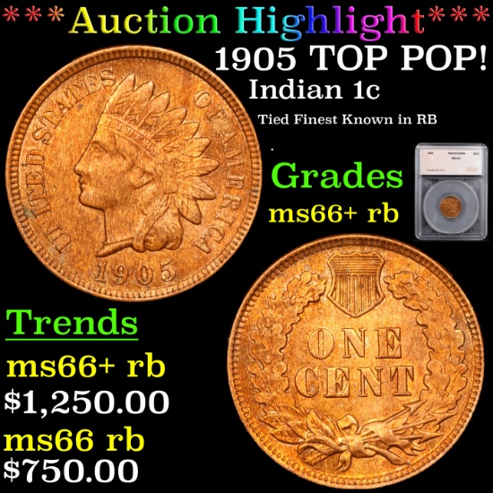 ***Auction Highlight*** 1905 TOP POP! Indian Cent 1c Graded ms66+ rb By SEGS (fc)