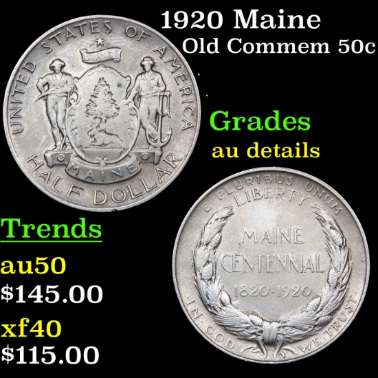 1920 Maine Old Commem Half Dollar 50c Grades AU Details