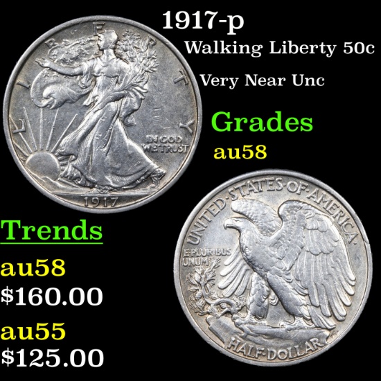 1917-p Walking Liberty Half Dollar 50c Grades Choice AU/BU Slider