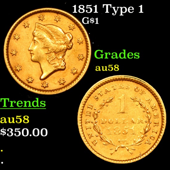 1851 Type 1 Gold Dollar $1 Grades Choice AU/BU Slider