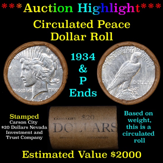 ***Auction Highlight*** Full Peace silver dollar roll, 20 coins 1934 & 'P' Ends (fc)