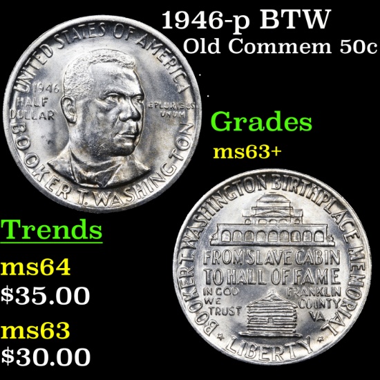 1946-p BTW Old Commem Half Dollar 50c Grades Select+ Unc