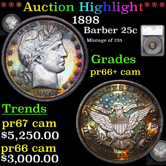 Proof ***Auction Highlight*** 1898 Barber Quarter 25c Graded pr66+ cam By SEGS (fc)