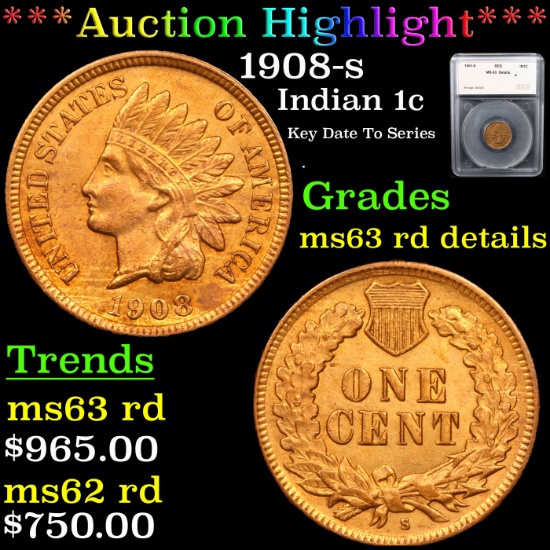 ***Auction Highlight*** 1908-s Indian Cent 1c Graded ms63 rd details By SEGS (fc)