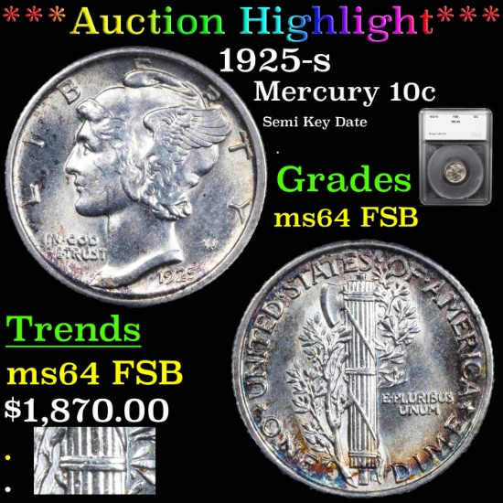 ***Auction Highlight*** 1925-s Mercury Dime 10c Graded ms64 FSB By SEGS (fc)
