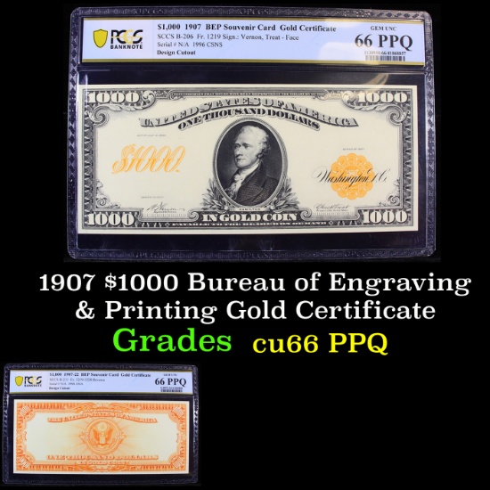 PCGS 1907 $1000 Bureau of Engraving & Printing Gold Certificate Graded cu66 PPQ By PCGS
