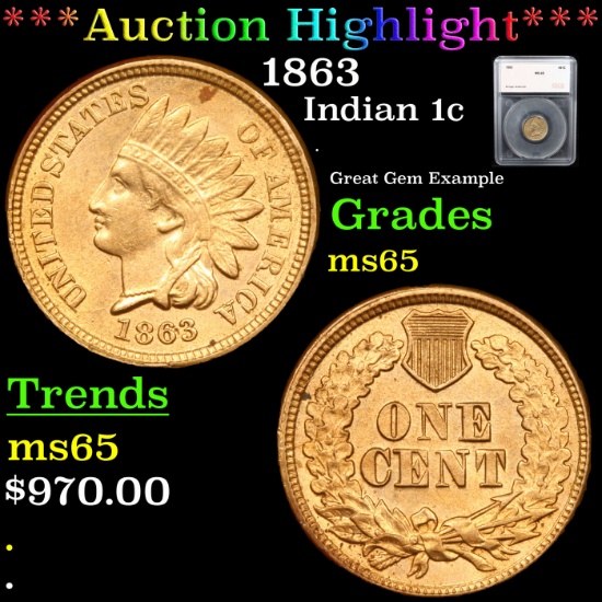 ***Auction Highlight*** 1863 Indian Cent 1c Graded ms65 By SEGS (fc)