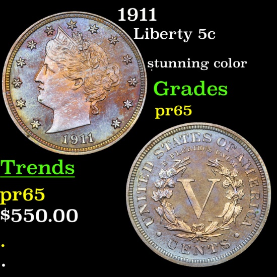 Proof 1911 Liberty Nickel 5c Grades GEM Proof