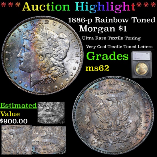 1886-p Rainbow Toned Morgan Dollar $1 Grades Select Unc By SEGS