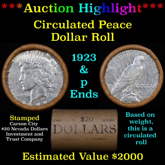 ***Auction Highlight*** Full solid Date Peace silver dollar roll, 20 coin 1923 & 'P' Ends (fc)