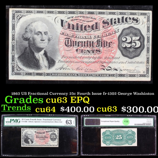 1863 US Fractional Currency 25c 4th Issue fr-1302 George Washinton Graded cu63 EPQ By PMG
