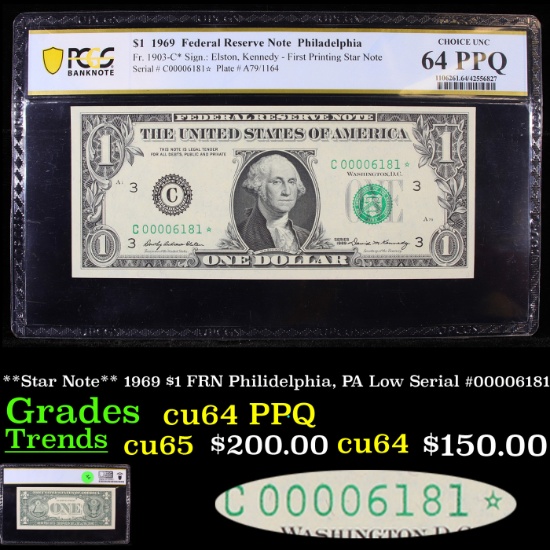 PCGS **Star Note** 1969 $1 FRN Philidelphia, PA Low Serial #00006181 Graded cu64 PPQ By PCGS